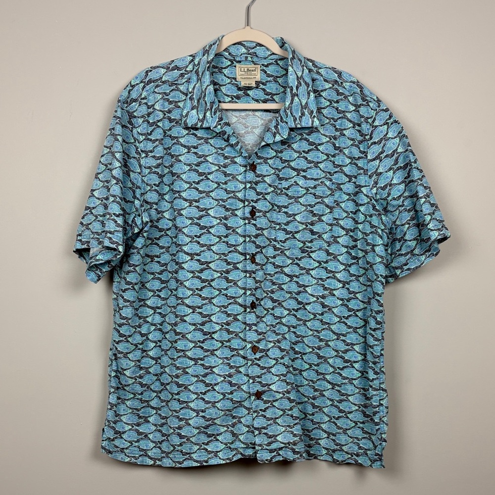 L.L. Bean Blue Fish Pattern Men's SS Shirt SZ XL